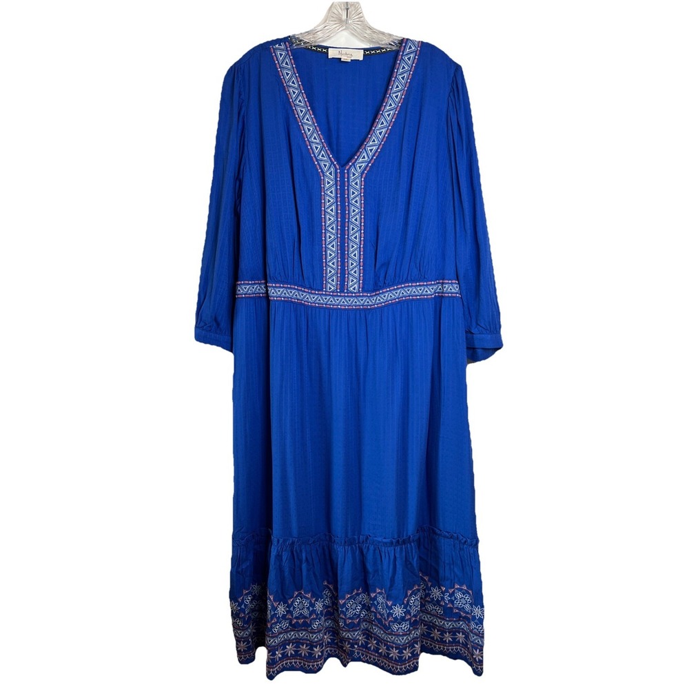 NWT $99 Nature by‎ Westbound Blue Embroidered Boho Midi Dress V Neck Size 1X
